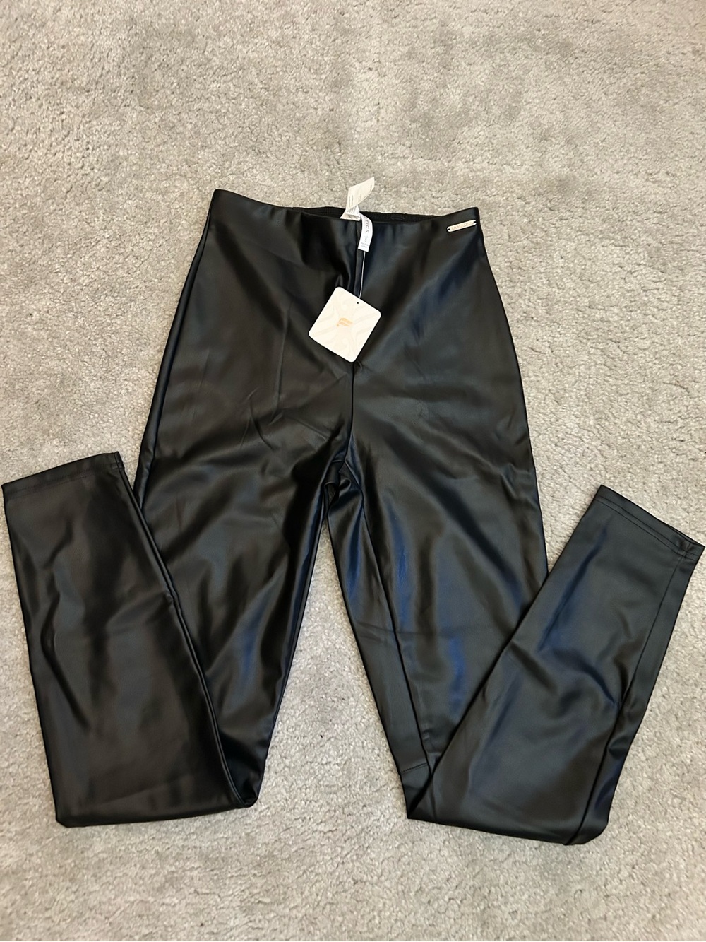 Fabletics Black Faux Leather Leggings with Logo Hang Tag